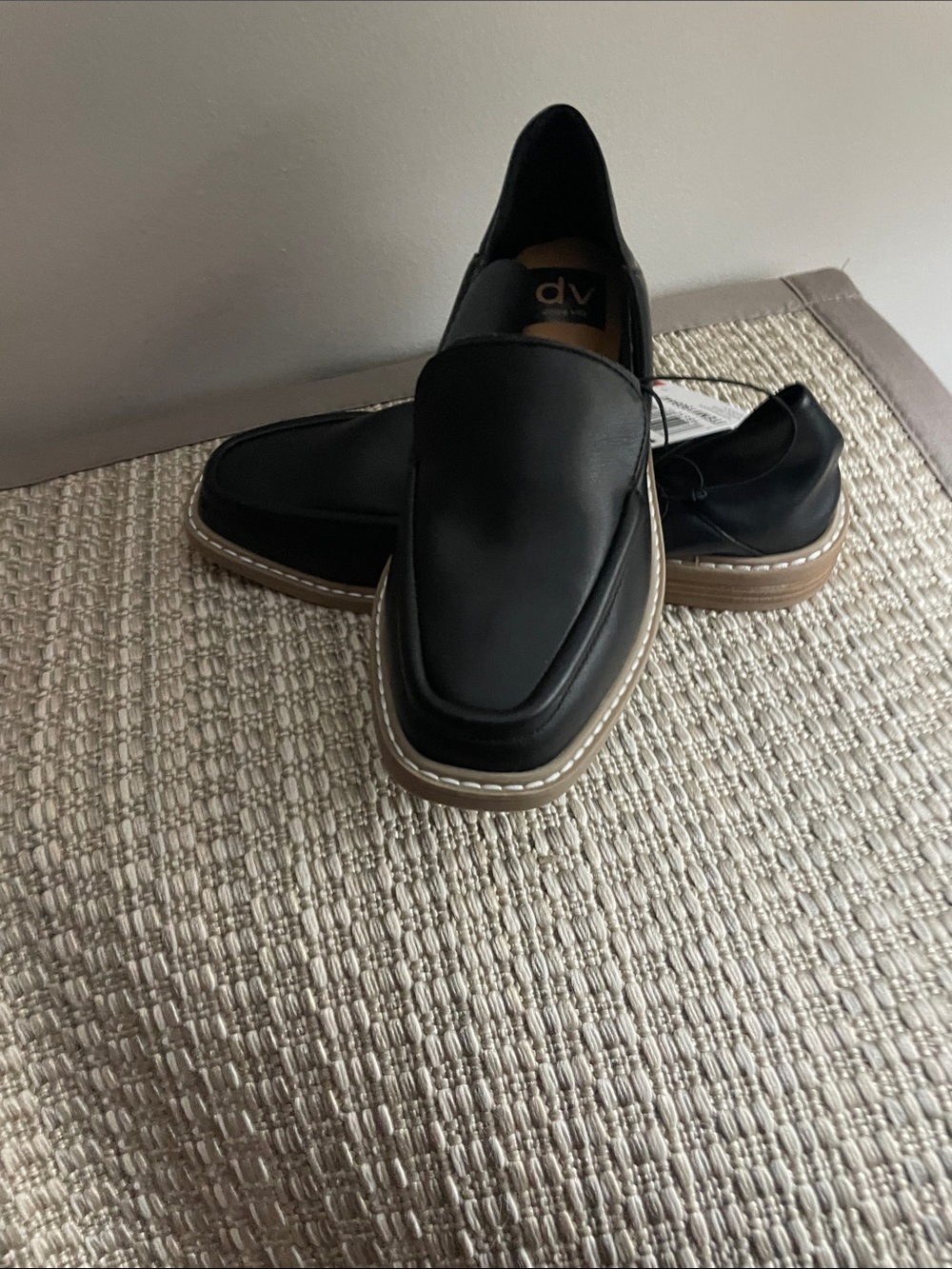Black Slip-On Leather Loafers with Brown Sole